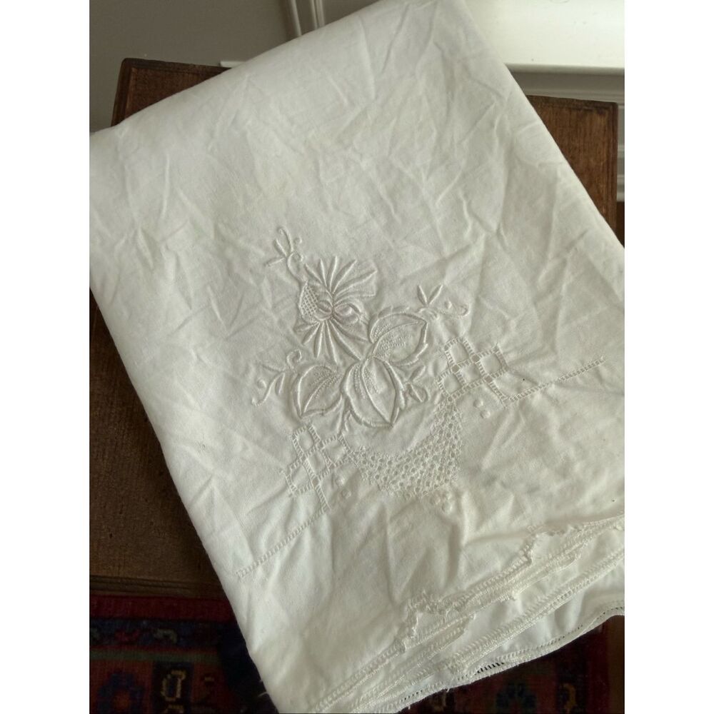 2 Vintage Queen Size Pillowcases Tonal Embroidered Floral Hemstitch Edge